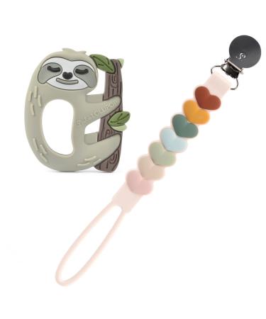 Loulou Lollipop Silicone Teether and Holder Clip Bundle Set - Sloth/Sweetheart Multi