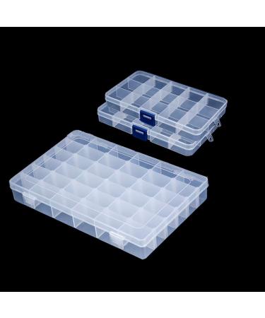 Snowkingdom Plastic Grid Box Storage Organizer Case for Display Collection with Adjustable Dividers - 3 Pack (1pc 36 Grids + 2pc 15 Grids) - Free Letter Stickers 36 Grid+2* 15 Grid