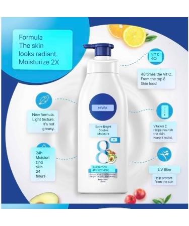 NIVEA Extra Bright Double Moisture Body Lotion 40X Vitamin C from 8 Superfoods Vitamin E UV Filter 24hr Moisture 550ml - Buy Online on SooperMarket.com