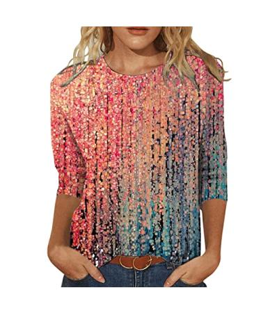 Angxiwan Casual Tops for Women Three Quarter Sleeve Shirts Round Neck Tunic Trendy Printed Blouse #Red XX-Large