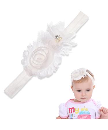 Eodkse Elastic flower headband for baby girls in white with lace pearls and flowers as a sweet hair accessories for newborns and toddlers perfect for photo shoots 1 piece