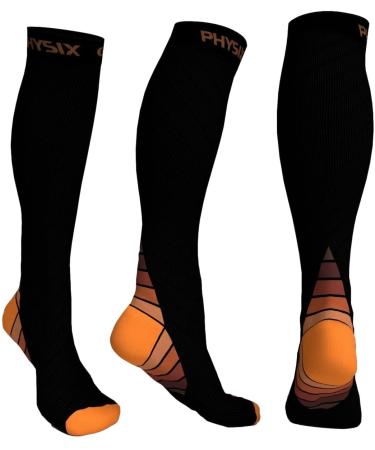 Physix Gear Compression Socks for Men & Women (20-30 mmhg) Best Graduated Athletic Fit for Running Nurses Shin Splints Flight Travel & Maternity Pregnancy - Boost Stamina Circulation & Recovery XXL Black - Orange