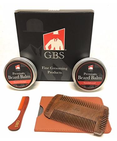 GBS Beard Balm Gift Set- Sweet Orange & Sandalwood Beard Balms with Mustache & Beard 4 Sided Template Wood Comb + Protective Travel Case