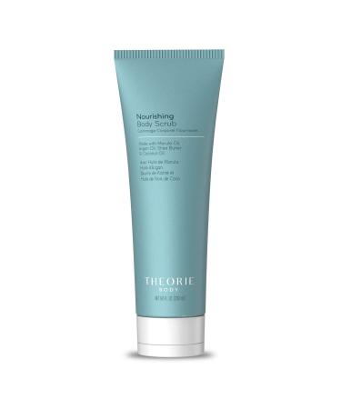 THEORIE Nourishing and Exfoliating Body Scrub - Made with Marula, Argan, Coconut Oil, Shea Butter & Vitamin E, Amber Rose Fragrance. Eco-Friendly Pumice, Vegan, Gluten Free, Cruelty Free 200mL Tube