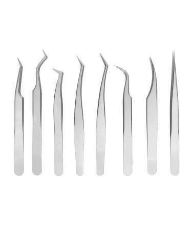 8-part eyelash tweezers made of stainless steel eyelash extension tweezers fine lace eyelash tweezers for eyelash extensions (silver)