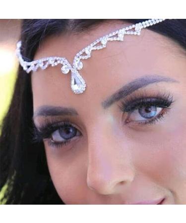 Chargances Bridal Rhinestone Forehead Head Chain Clip Wedding Crystal Teardrop Forehead Headband Silver Flower Hair Accessories for Women and Girls (Silver)
