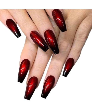 Outyua Halloween Red Black Press on Nails Ombre Coffin Fake Nails Long False nails with Designs Acrylic Witch Ghost Nails for Women and Girls 24Pcs (Red & Black)