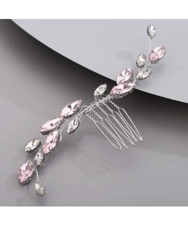 Chargances Bridal Rhinestone Hair Comb Wedding Pink Crystal Hair Vine Comb Vintage Handmade Hair Accessories for Bridesmaid Prom Flower Girls (Pink)