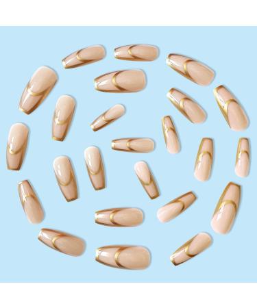 Timmoko Long Square Fake Nails - Exquisite Gold Foil Stripes Design - 24pcs - Buy Online on SooperMarket.com