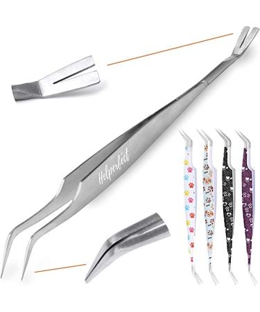 Helperfect Premium 2in1 stainless steel tick pliers for dogs and cats - gentler & effective tick remover - consisting of tick tweezers and tick hooks - perfect for all pet owners silver