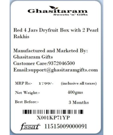 Ghasitaram Gifts Rakhi Gifts for Brothers Dryfruit - Red 4 Jars Dryfruit Box with 2 Pearl Rakhis - Buy Online on SooperMarket.com