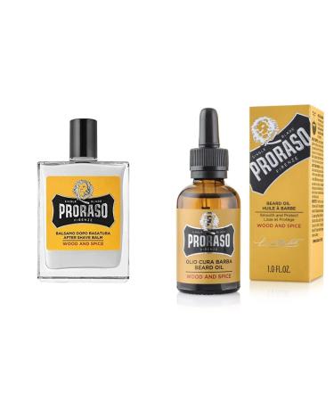 Proraso Wood and Spice After Shave Balsam 100 ML & Beard Oil Wood & Spice Beard oil with cedar wood & citrus fragrance beard plasticizer maintains skin & hair and protects the beard hair made in Italy 30 ml