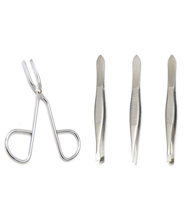 Luxxii (1 Pcs) Scissors Shaped Eyebrow Straight Tip (3 Pcs) Tweezers Clip Set - Flat  Slant  Point Tip Tweezers Hair Plucker for Hair and Eyebrows Personal Care (Silver Tone)