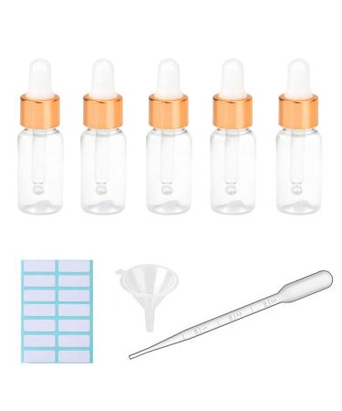5Pcs Transparent Dropper Bottle 10ML Plastic Eye Dropper Bottles for Essential Oil Pipette Refillable - with Measured Pipette Funnel and Labels (White + Gold Cap) 10ml White + Gold Cap