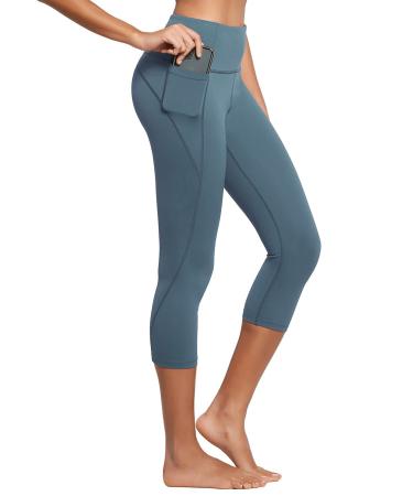 BALEAF Women's Capri Leggings Workout Yoga Running Capris High Waisted Pull On Cropped Leggings with Pockets Steel Blue X-Large