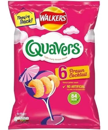 Quavers Multipack Prawn Cocktail Flavour Light Curly Crisps (6 Bags x 16g) (5 Packs of 6x16g)