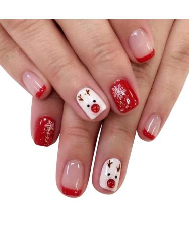 Vatocu Christmas False Nails Short Red Press on Nails Snowflakes Elk Fake Nails Snowman Acrylic Stick on Nails for Women and Girls(24pcs)