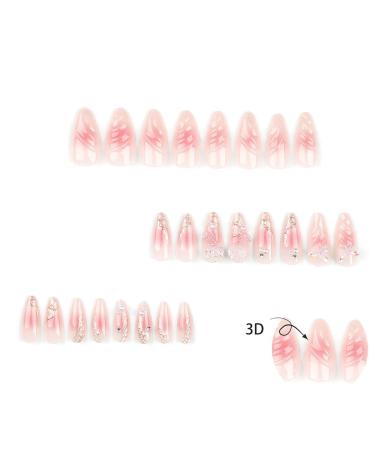 RikView Medium Press on Nails - Pink Almond Nails with 3D Flowers & Butterflies | Glossy Finish | 24 PCs Set - Buy Online on SooperMarket.com