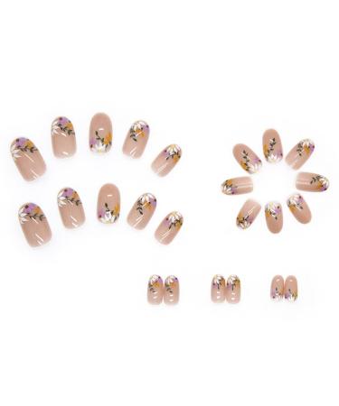 24Pcs Short Press on Almond Round Fake Nails with Little Flowers Design - Glossy Acrylic False Nails for Women and Girls | Spring Styles-4 - Buy Online on SooperMarket.com