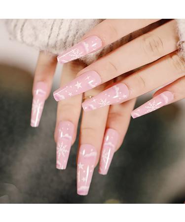 Vatocu Christmas False Nails Long Xmas Press on Nails Snowflakes Glitter Fake Nails Ballerina Acrylic Stick on Nails for Women and Girls(24pcs)