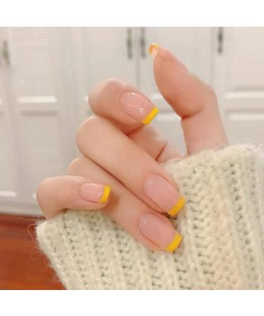Handcess Short Shiny Square Artificial Nails - French Art Design in Yellow/Pink - 24 Press-On Nails for Women & Girls - Buy Online on SooperMarket.com