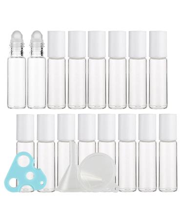 Zeoabsy 12 pieces 5ml transparent essential oils roller bottles with white screw cap glass bottle perfume bottle travel bottles for aromatherapy bottle + 2 x funnel 1 x opener