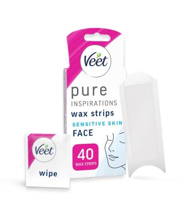 Veet Pure Cold Wax Strips Face Sensitive Skin 40 Strips 4 Finish Wipes Hair Removal Removes Hair From Root 28 Days Smoothness Hypoallergenic Formula (Packaging may vary) 40 Count (Pack of 1)