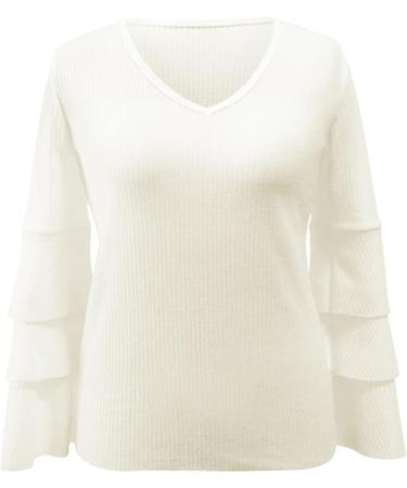 Creoqiji Women's V-Neck Sweater - Autumn/Winter Loose Fit with Leaf Sleeves - Comfortable Elastic Party Wear in White (Size L) - Buy Online on SooperMarket.com