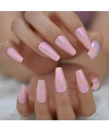 Shiny Holographic Pink Almond Press-On Nails | Long Reflective Ballerina Coffin Tips - L5672 - Buy Online on SooperMarket.com
