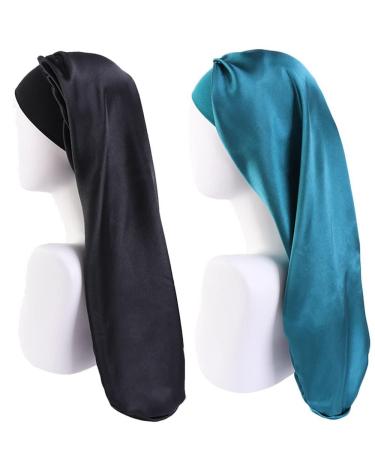 Ladaypoa long satin sleeping cap 2 pieces large sleeping hats for women long braids satin-sleep hat extra large sleeping cap with a wide elastic ribbon soft and convenient black+peacock blue