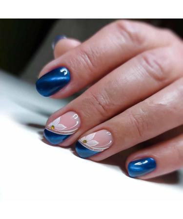 RikView Short Press on Nails Square Fake Nails Blue Nails Glossy Full Cover Nails for Women 24 PCs/Set