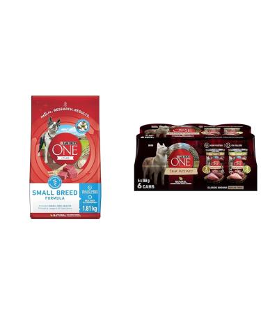 Purina ONE +Plus Small Breed Dry Dog Food with Beef - 1.81 kg Bag & Classic Ground True Instinct Wet Dog Food Variety Pack 2 Flavours - 368 g Can (6 Pack)
