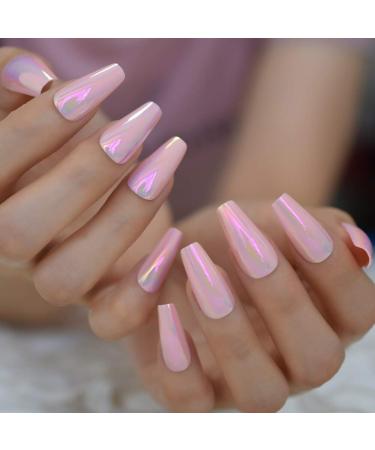 Shiny Holographic Pink Almond Press-On Nails | Long Reflective Ballerina Coffin Tips - L5672 - Buy Online on SooperMarket.com