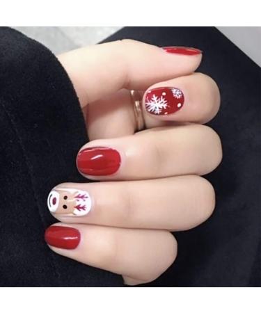 Brishow Christmas False Nails Snow Elk Press on Nails Red Stick on Nails Short Square Fake Nails Full Cover 24pcs for Women and Girls (5)