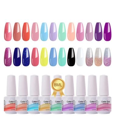 Clou Beaute 8ml 24Pcs Gel Nail Polish Set Midnight Euphoria Collection Nude Purple Blue Hot Pink Glitter Gel Polish Set Soak off Nail Art Design Valentine's Day Gifts for Women Girlst S24-02 CB-S24-02 0.01 Fl Oz (Pack of 24)