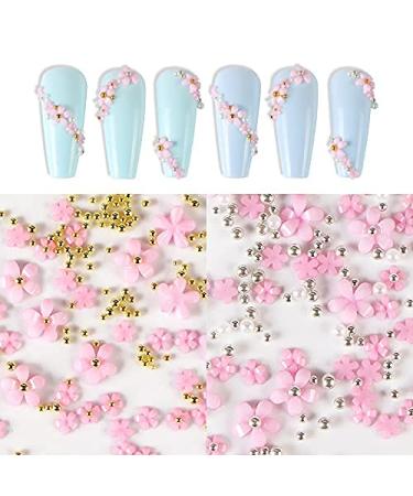 3D Flower Caviar Beads Nail Art Decals - White Pink Acrylic Charms with Pearl Beads for DIY Manicures - Buy Online on SooperMarket.com