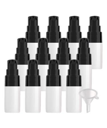 ZEOABSY 12 Pieces 10 ml White Lotion Bottles with Black Pump 10ml Empty PET Plastic Lotion Pump Bottle Cosmetic Gel Travel Container for Cosmetic Make up Cleaning + 2 x Funnel White 10ml