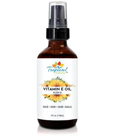 Pure Organic Vitamin E Oil 4 fl oz - 43 000 IU 100% Plant Based Natural Moisturizer for Skin Scars Nails Acne Hair Growth Wrinkles Dark Spots
