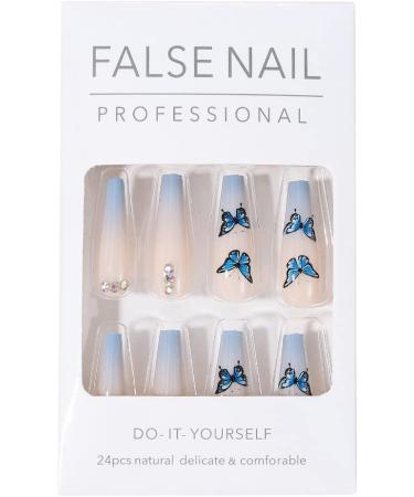 Brishow Butterfly Coffin False Nails - 24pcs French Long Acrylic Stick on Nails, Blue Assortment for Women and Girls - Buy Online on SooperMarket.com