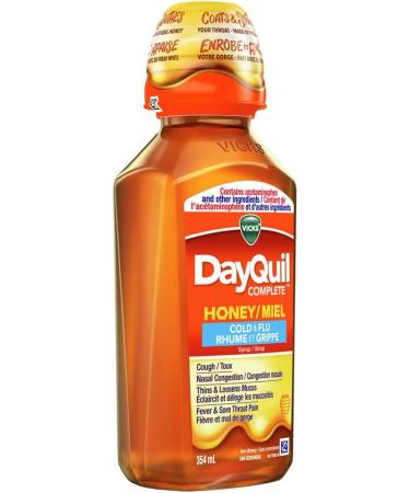 Vicks DayQuil COMPLETE Cold and Flu Medicine Liquid Medicine Honey Flavour Daytime Non-Drowsy relief for Cough Fever Sore Throat Pain Sinus congestion Sinus Pain Chest Congestion 354 ml - Buy Online on SooperMarket.com