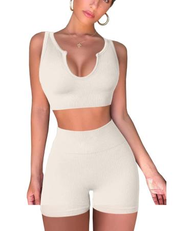 QINSEN Seamless Ribbed Workout Set for Women - Sport Bra & High Waist Shorts - Medium Beige - Buy Online on SooperMarket.com