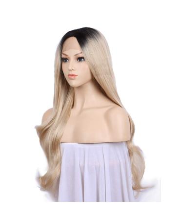 SHIYID Blonde Wig Dark Roots Front Lace Synthetic Wig Two Tones Long Wavy Wigs for Women High Temperature Fiber