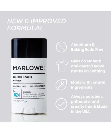 MARLOWE Natural Deodorant for Men | Aluminum-Free Stick with Coconut Oil & Shea Butter | Fresh Woodsy Scent | 2.5oz - Buy Online on SooperMarket.com