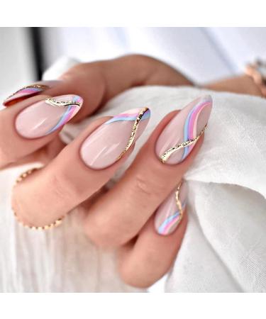 Press on nails medium almond shape kxamelie natural acrylic nails glitter colored vertebra full cover glossy nude fake nails designed press-on 24pcs almond style