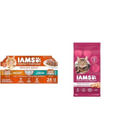 IAMS Perfect Portions Healthy Wet Cat Food Adult Grain Free Pat - Chicken and Tuna 75 g (Pack of 12) & Proactive Health Dry Cat Food Adult - Urinary Tract Health - Chicken 3.18kg Bag