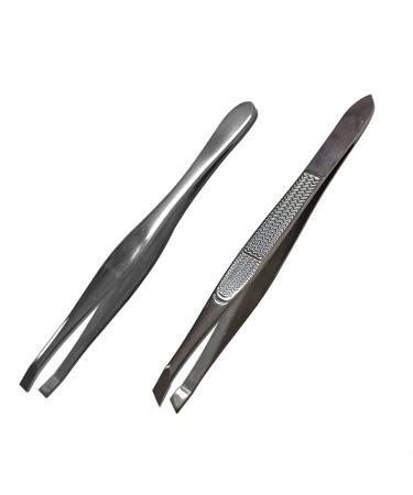 Tweezers set | Set with straight and slanted eyebrow tweezers | fine tweezers for eyelash extension hair removal and other aesthetic applications | EUROXANTY cosmetic accessories silver | Set of 2