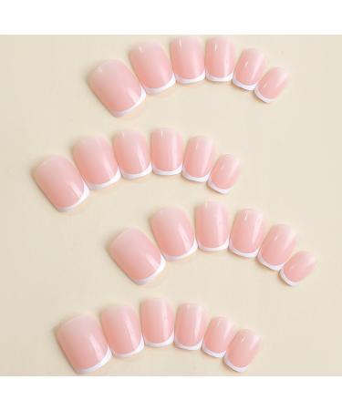 White French Tip Press On Nails - Short Square Pink Glossy Acrylic - Reusable 24pcs Stick On Nails for Women & Girls - DIY Nail Art Decoration - Buy Online on SooperMarket.com