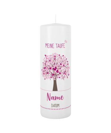 Striefchen Baptism Candle 250/80 mm with Tree of Life and imprint of name and date as well as baptismal saying White - Pink