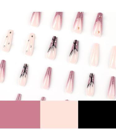 24pcs Long Coffin Shaped Ballet Fake Nails with Rhinestone Butterfly Pattern Design French Fake Nails for Women and Girls Nail Tips 19 - Buy Online on SooperMarket.com