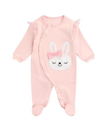 JiAmy Baby Girls Romper Cotton Footie Onesie Long Sleeve Sleepsuit Pajamas Pink Rabbit 6-9 Months Pink Rabbit 6-9 Months